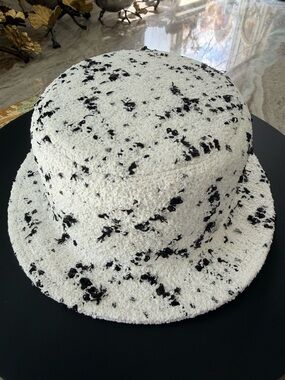 CHANEL White and Black Tweed Sequined Boater Hat